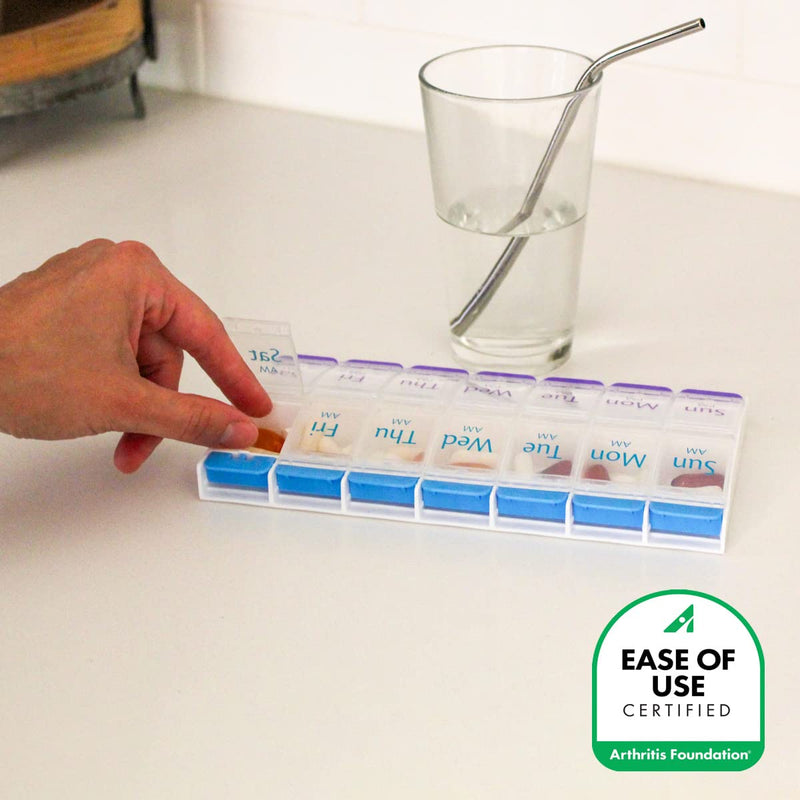 [Australia - AusPower] - EZY DOSE Push Button (7-Day) Pill Case, Medicine Planner, Vitamin Organizer, 2 Times a Day AM/PM, X-Large Compartments, Arthritis Friendly, Clear Lids, Purple and Blue, BPA Free Blue and Purple (Clear Lids) 1 Count (Pack of 1) 