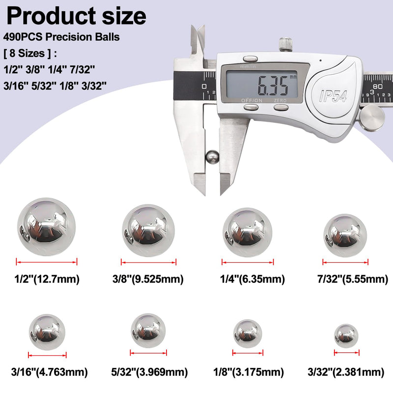 Taiss 490PCS Precision Balls 8 Sizes 1/2" 3/8" 1/4" 7/32" 3/16" 5/32" 1/8" 3/32" Precision Steel Ball Assortment Kit,Metal Balls F-099-490PCS-GE