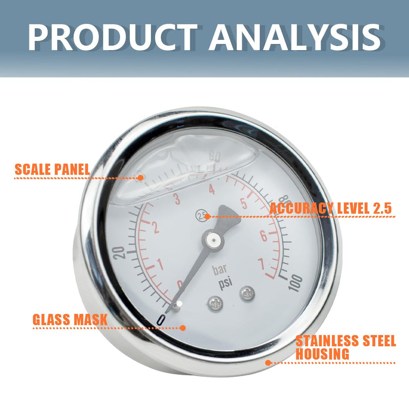 [Australia - AusPower] - Innfeeltech 1-Pcs 40 mm Pressure Gauge BSP 1/8 Inch 0-7 Bar 0 ~ 100 Psi with 3 Pieces Socket 1/8 Inch to 1/4 Inch, 1/8 Inch to 3/8 Inch and 1/8 Inch to 1/2 Inch and Teflon Tape, Axial 40MM, 7bar(100psi) 
