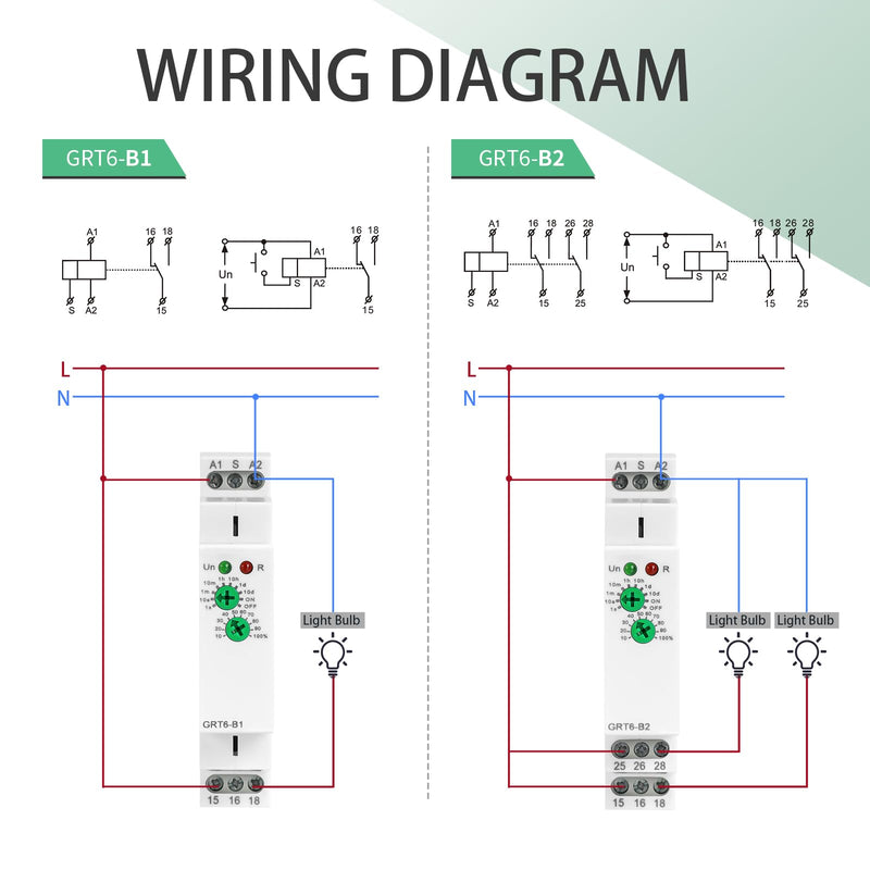 Delay Off Time Relay GRT6-B1 10A Adjustable Smart Relay, Delay Turn Off Electronic Timer in Din Rail, 0.1s-10 Days Wide Range Delay Factory Automation Time Universal Voltage AC DC 24V 240V GRT6-B1 AC/DC 24V-240V
