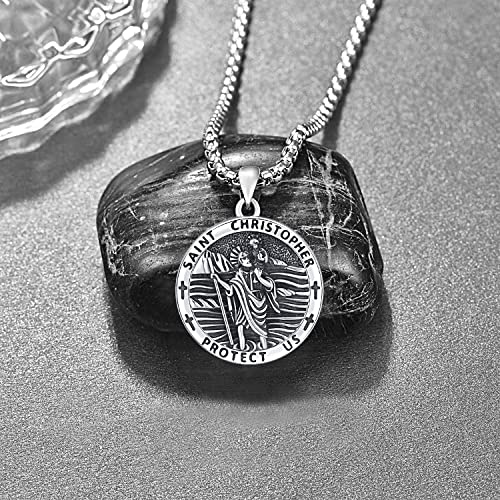 Aniu 925 Sterling Silver Saint Medal Necklace Religious Amulet Jewelry Gift Round - St Christopher Necklace - D