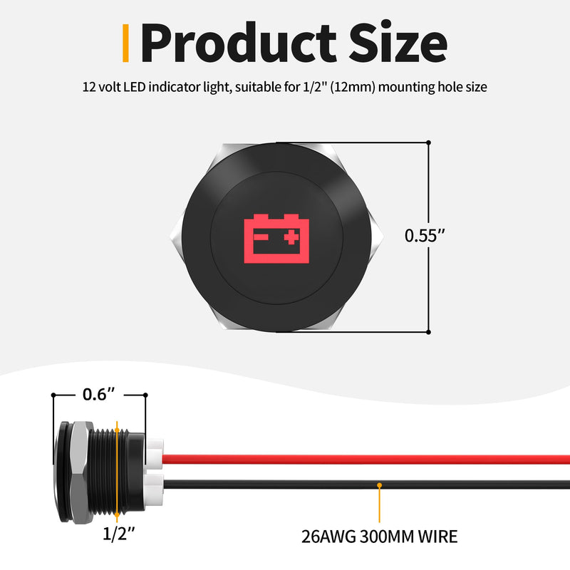 [Australia - AusPower] - 12V LED Indicator Light Small Indicator Light Waterproof 1/2" Panel Cutout 12 Volt 24 Volt Metal LED Indicator Pilot Dash Light with 300MM Wires -7PCS 