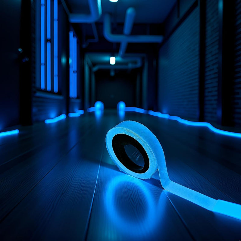 Glow in The Dark Safety Tape, Blue Fluorescent, Self-Adhesive Warning Strip for Stairs and Steps (9.8 FT)