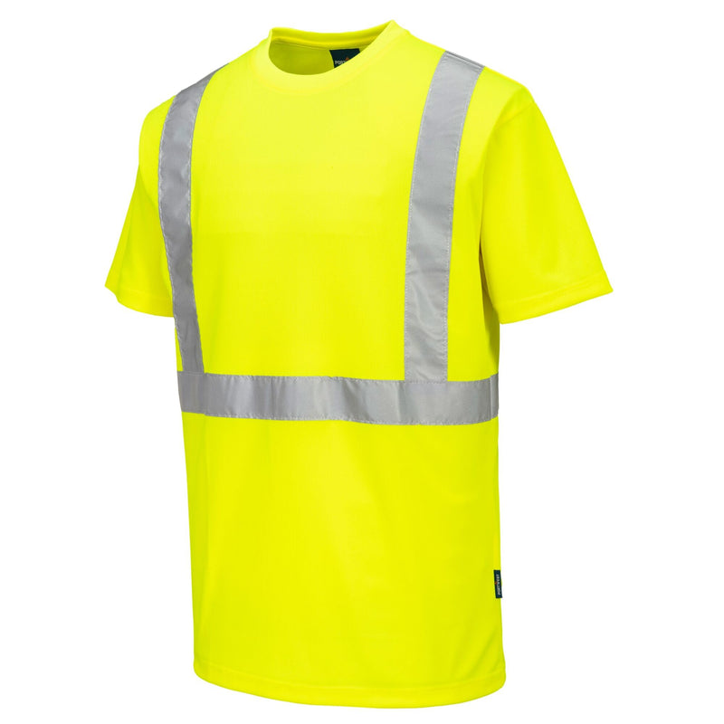 Portwest S198 Hi Vis Pocketless Short Sleeve T Shirt Moisture Wicking Safety Workwear with Reflective Tape, Yellow, M Medium