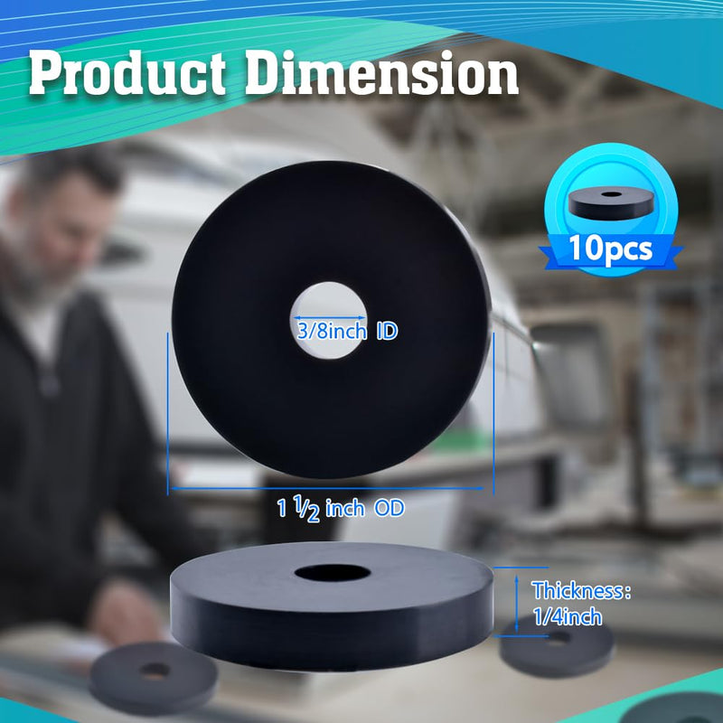 [Australia - AusPower] - 10 Pcs Rubber Washers 1½ Inch OD x 3/8 Inch ID x 1/4 Inch Thickness Black Rubber Spacer, Heavy Duty Rubber Grommet Neoprene Rubber Flat Washers for Screws Bolts Faucet Household Appliances 1½"OD x 3/8"ID x 1/4"Thickness 