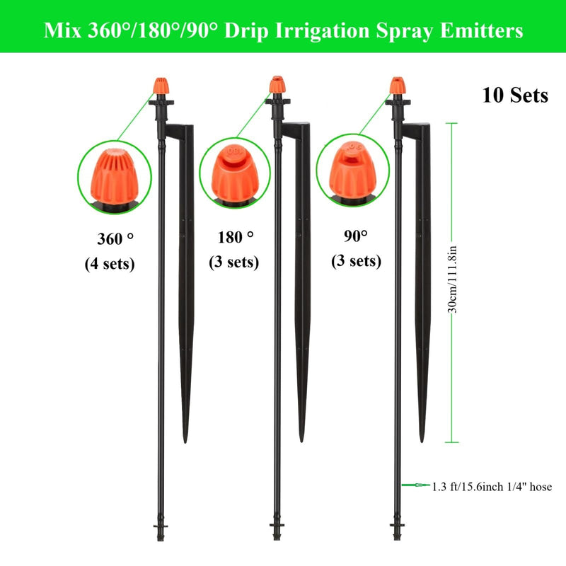 [Australia - AusPower] - Drip Irrigation Spray Emitters with Stakes: 10 Sets Mixed 360/180/90 Degrees Drip Irrigation Sprayers for 1/4 inch Tubing Garden Irrigation System 10 Set Mixed Drip Sprinklers 