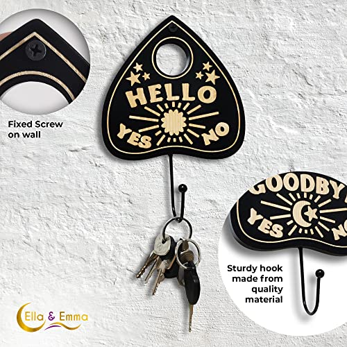 Ella & Emma Wall Mounted Coffin-Shaped Key Holder - Planchette/Hamsa Hand Key Holder, Gothic Home Decor Wall Hanger with Hook -Spooky Halloween Decor for Home - 2 Pieces (Planchette)