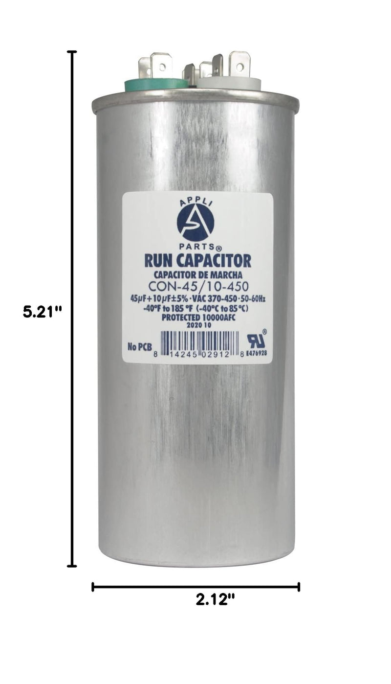Appli Parts CON-45/10-450 Dual Run Capacitor for ac 45+10 Mfd uF (microfarads) 370VAC or 450VAC Round Universal fit for hvac and other applications 5-3/8 in High 2-1/8 in Wide
