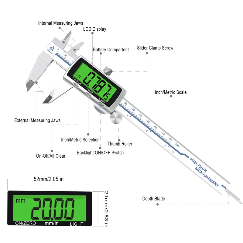 [Australia - AusPower] - ACEMETER Digital Vernier Calliper with Backlight 150 mm / 6 Inch with Large LCD Precision Thrust Gauges Depth Gauge Stainless Steel Analogue IP54 Waterproof for Indoor Outdoor Steps Brass 