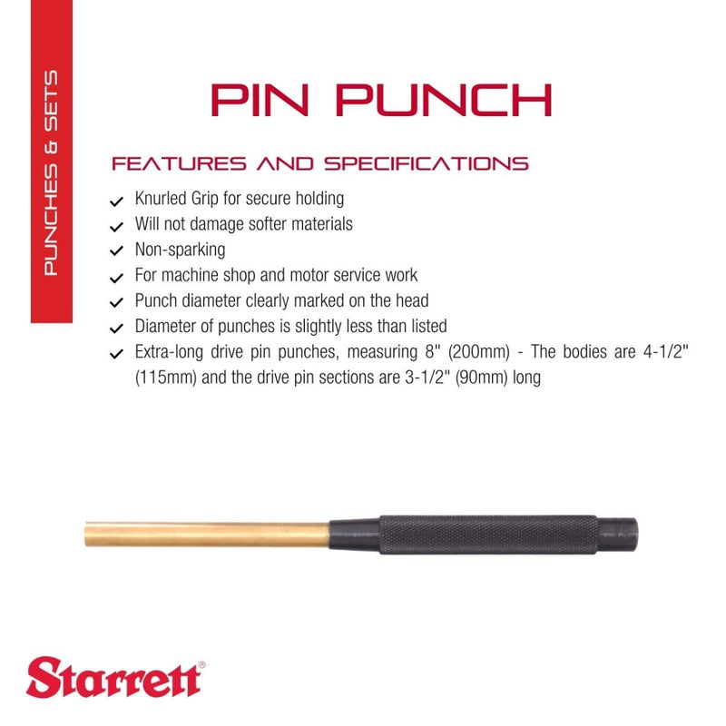 Starrett Extra-Long Brass Drive Pin Punch with Knurled Grip for Driving Pins Into or Out of a Workpiece, Softer Materials, Non-Sparking - 8" Length, 3/8" Punch Diameter - B248E (Pack of 2) 3/8" (Pack of 2)