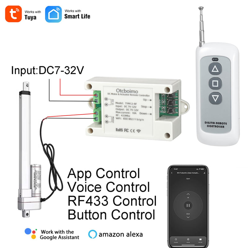 DC7-32V WiFi Smart Linear Actuator Motor Controller, Forward and Reverse Relay, Smart Life APP / RF433Mhz 328FT Remote Control, Compatible with Alexa, Google Home, Siri