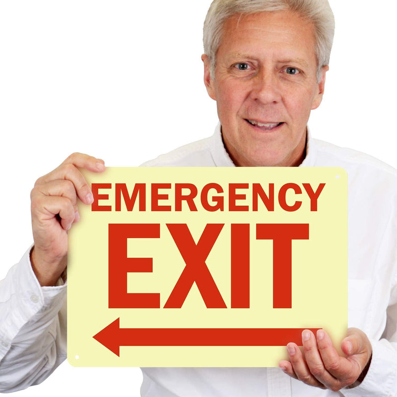 SmartSign - S-1491G-GR-14 "Emergency Exit" Sign with Left Arrow | 10"x 14" Glow-in-the-Dark Aluminum Emergency Exit_Left Arrow 10" x 14"