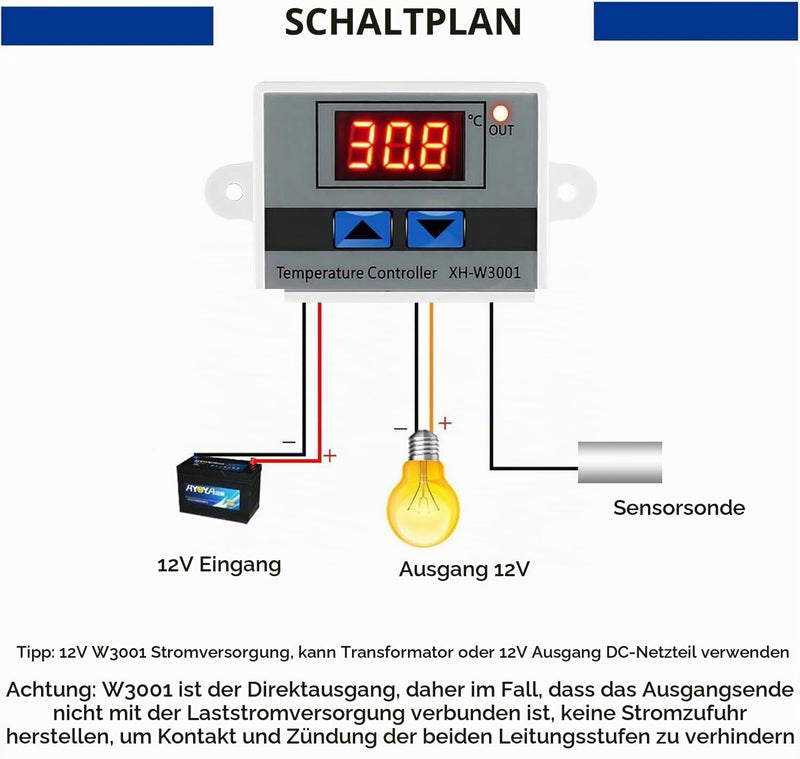Gebildet XH-W3001Mini 2-Piece Digital LED Temperature Control Module with Quick Connection, Thermostat Switch with Waterproof Sensor Probe, Programmable Heating/Cooling Thermostat from 50 to 110 Degrees (12 V) 12 V
