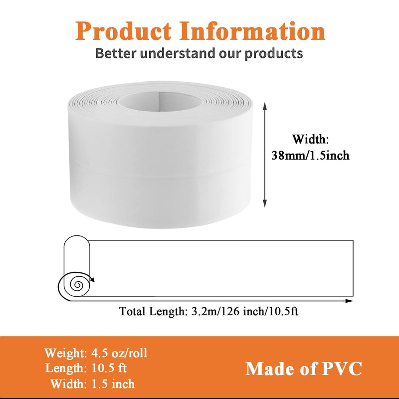 White Caulk Tape for Bath & Kitchen, 1.5''x10.5FT | PVC Self Adhesive, Waterproof Caulking Sealing Strip, For Toilet Base, Bathroom Shower Sink, Edge Protector White-10.5FT-1.5IN-A