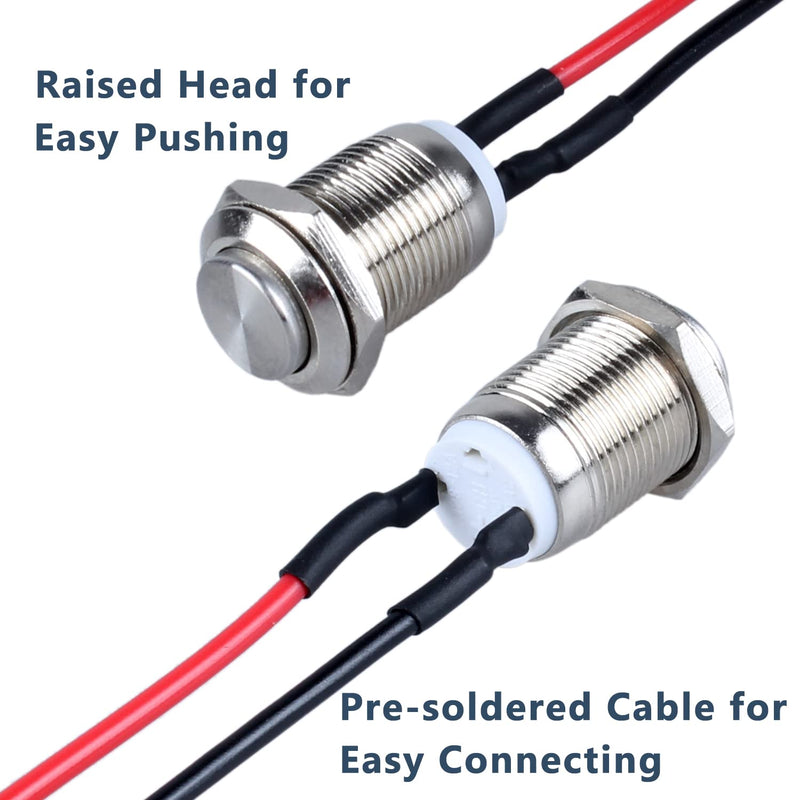 [Australia - AusPower] - 2-Pack 12mm Momentary Metal Waterproof Push Button Switch Raised Head 1/2" Mounting Hole with Pre-soldered Cable 250V 3A 1NO Momentary with Cable 