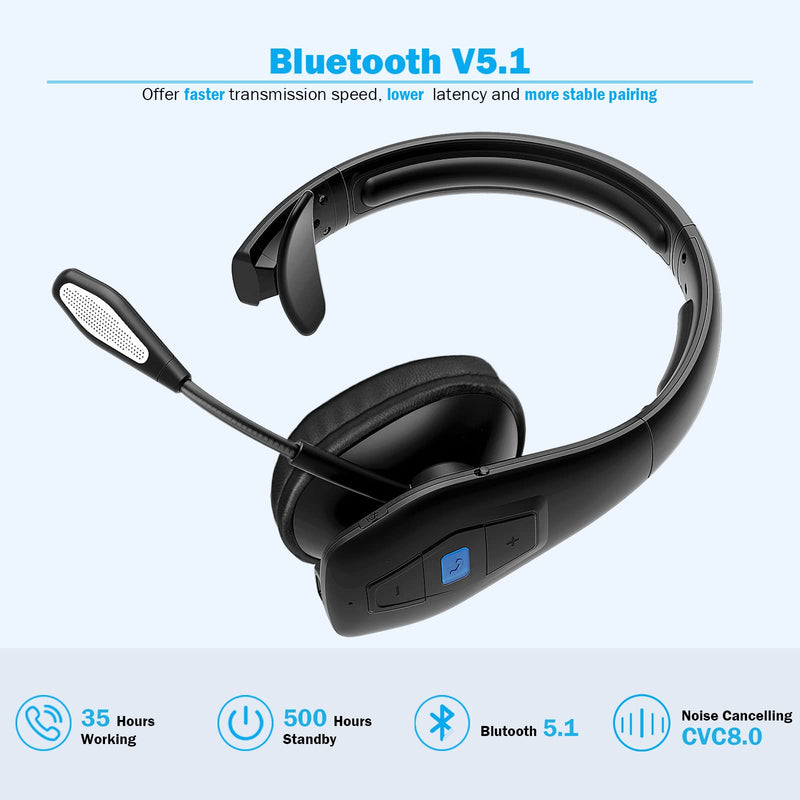 [Australia - AusPower] - Conambo Noise Cancelling Bluetooth Headset V5.1, 35Hrs HD Talktime CVC8.0 Dual Mic Hands-Free Wireless Headset, Bluetooth Headphones with Mute Button for Cell Phones Business Home Office Trucker 