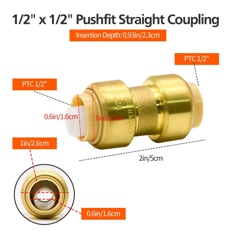 [Australia - AusPower] - 2/6/12 Pack Push-to-Connect Plumbing Fittings, 1/2" Pushfit Straight Fittings with Disconnect Clip for Copper, PEX, CPVC Pipe (1/2" Straight, 2) 2pcs 1/2" Straight 