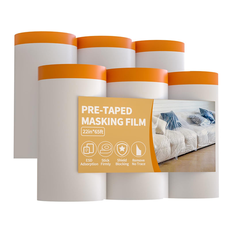 6-Pack Masking Film for Painting (22 inch x 65 ft) - Bulk Value Painters Plastic Sheeting with Tape - Easy Masking Paper for Home Renovation & Car Edge Protection 22in x 65Ft 6