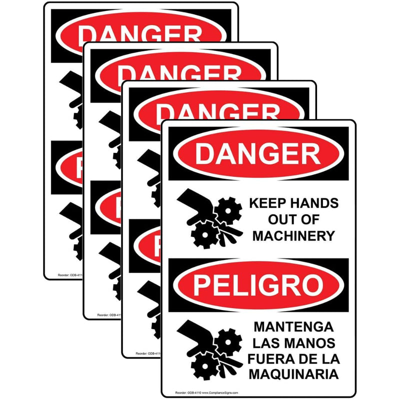 ComplianceSigns.com Danger Keep Hands Out of Machinery - Mantenga Las Manos Fuera De La Maquinaria OSHA Safety Label Decal, 5x3.5 in. Vinyl 4-Pack