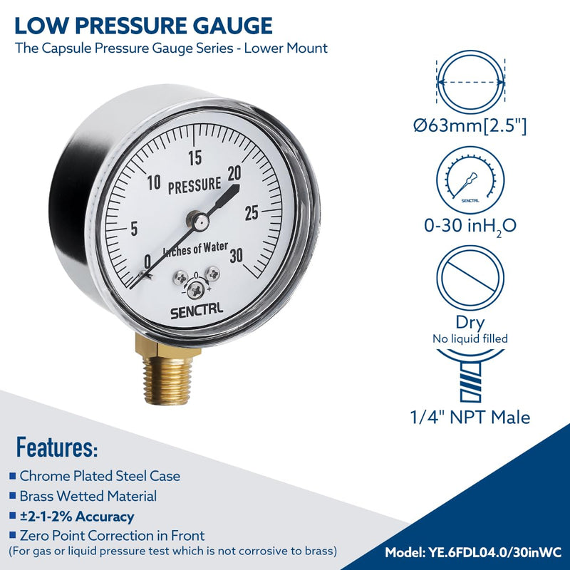 [Australia - AusPower] - 0-30 Inches of Water Column Gauge, Low Pressure Capsule Gauge, 2-1/2" Dial Size, 1/4" NPT Lower Mount, Zero Adjustment, for Air Water Gas Pressure Test 0-30inH2O 
