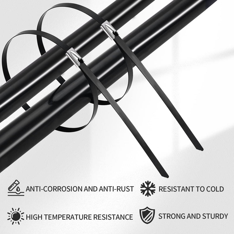 [Australia - AusPower] - Metal Zip Ties black 100pcs 11.8 inch 304Stainless steel Epoxy Coated Cable Tie Multi-purpose Self-locking Cable Ties used for machinery, vehicles, farms, cables, pipesas well as Outdoor binding 
