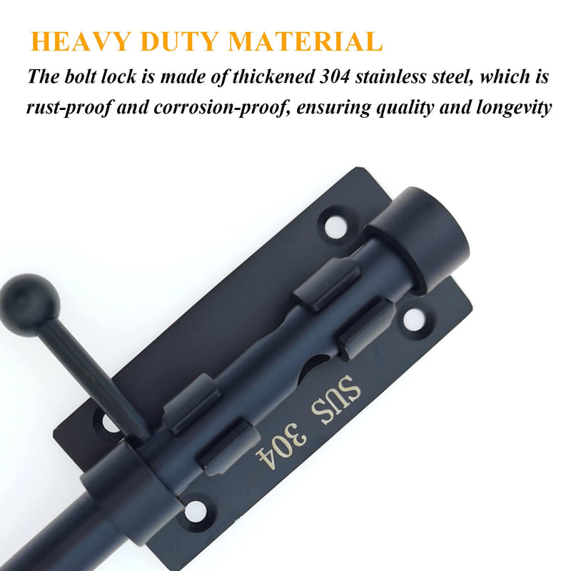 6in Slide Bolt Gate Latch 304 Stainless Steel Barrel Bolt Latch Heavy Duty Door Security Lock Thickened Door Latches Hardware with Mounting Screws for Barn Fence Shed Basement 6in Black