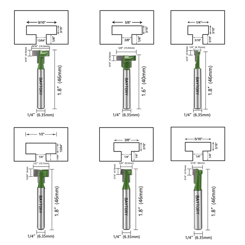 BAYTORY 6Pcs Keyhole Router Bits Set, 1/4" Shank Router Keyhole Bit Set -1/4 & 5/16 & 3/8 & 9/16 & 1/2 & 5/8 inch Blade Diameter for Wood Hex Bolt T-Track Slotting Milling Cutters Set (Green) 1/4 & 5/16 & 3/8 & 9/16 & 1/2 & 5/8 inch