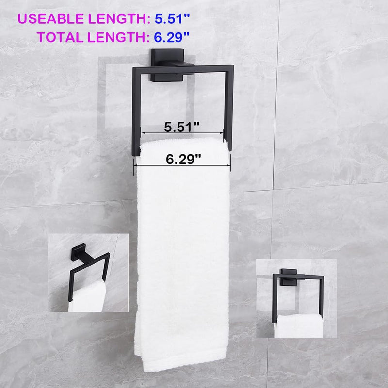 Matte Black Hand Towel Holder for Bathroom SUS 304 Stainless Steel Towel Ring Simple Square Towel Hanger Heavy Duty Hand Towel Racks Wall Mount