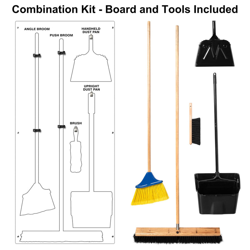 Clean & Sweep 5S Shadow Board/Wall Mount Broom Holder, 68" x 30" Board, 5S Cleaning Station - with Broom and Dustpan Set Included, Made in The USA by AccuformNMC, White/White, PSB716WTWT