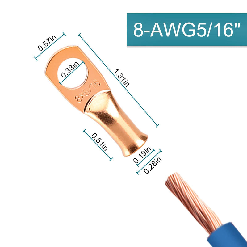[Australia - AusPower] - 10PCS Battery Cable Ends, 8 Gauge Wire Connectors 5/16 Copper Wire Lugs, Bare Copper Eyelets with Heat Shrink Tubing by HOUSUN 8AWG*5/16" (M8) 10 