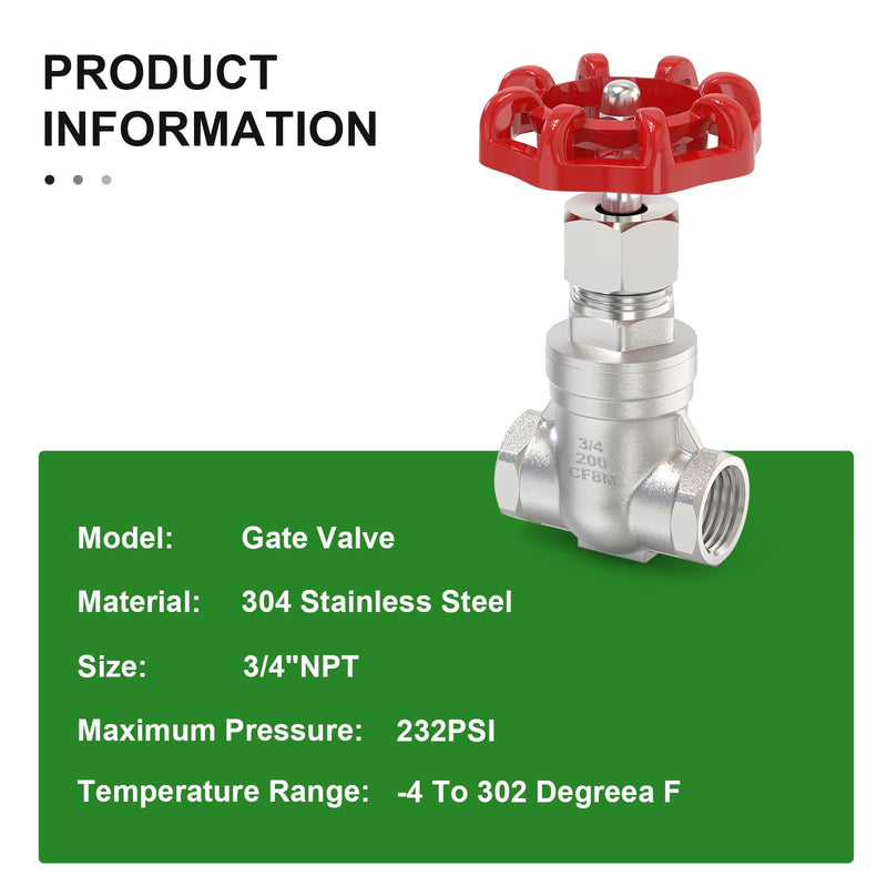 TAISHER 1PCS 304 Stainless Steel Gate Valve, 3/4" NPT Female Rotary Sluice Valve With Wheel Handle, For Water, Oil, Gas