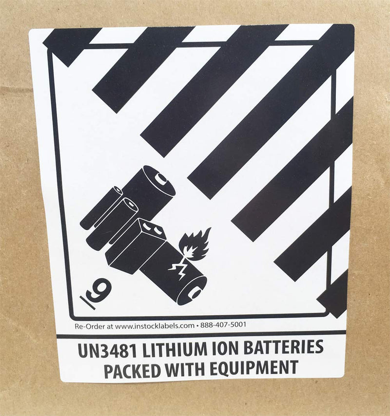 Lithium Ion Batteries Packed with Equipment UN3481 Hazard Class 9 Labels, 4 x 4.75 Inch Square Black and White Adhesive Stickers, 500 Total – Made in the USA