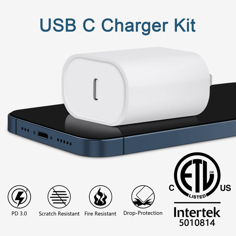 [Australia - AusPower] - Phone Charger Fast Charging, 【MFi Certified】 2-Pack 20W USB-C Fast Charger with 6FT Fast Charging Cable for IP 14/13/12/11/Xs/8, i Pad and More 