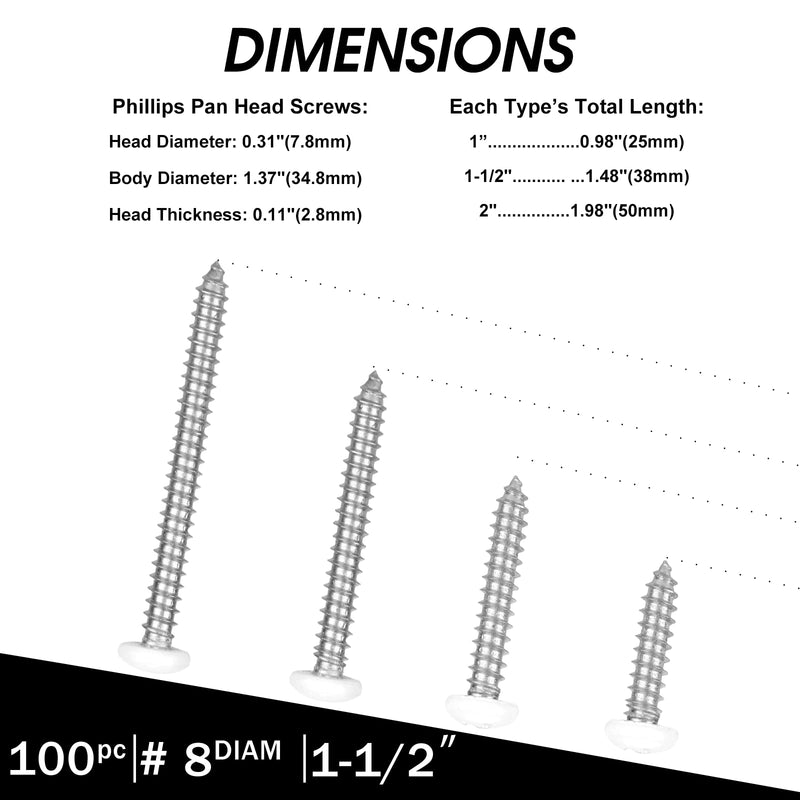 [Australia - AusPower] - White Head 100 PCS #8x1-1/2(1.5 inch) Stainless Steel Phillips Pan Head Wood Screws,Stainless Steel 18-8 A2(304) Screw,Home Screw Kit by QISHENG #8X1-1/2"(1.5 inch) White 