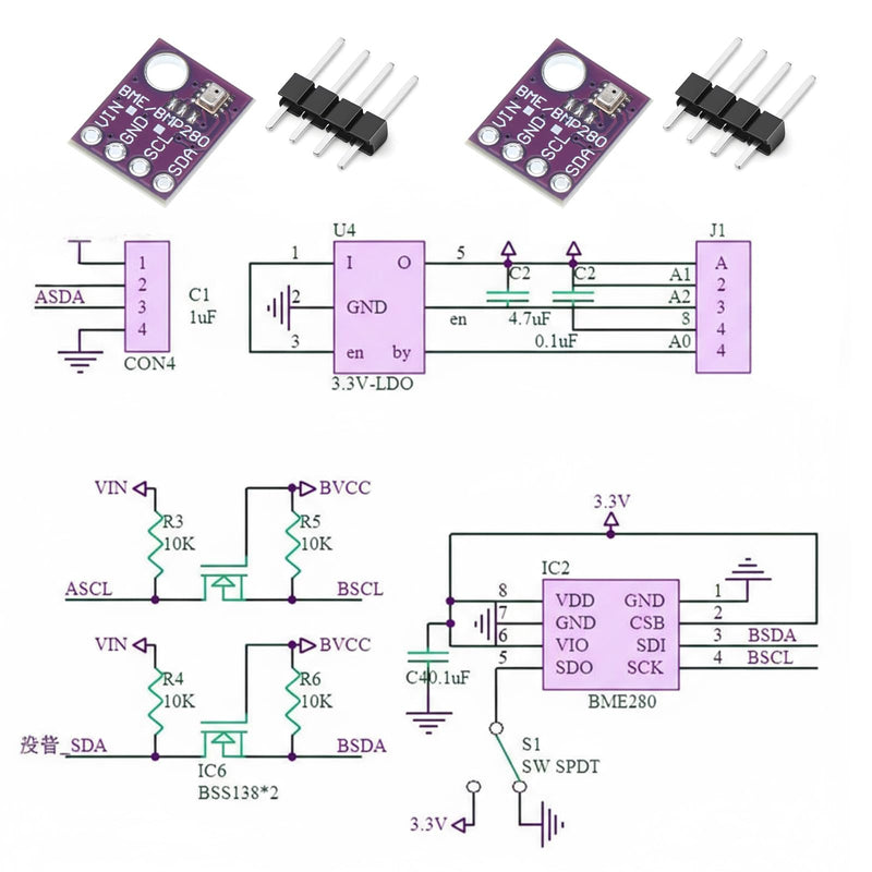 [Australia - AusPower] - BME280 Sensor, 2Pcs 5V BME280 Module Atmospheric Pressure Temperature Humidity Sensors 