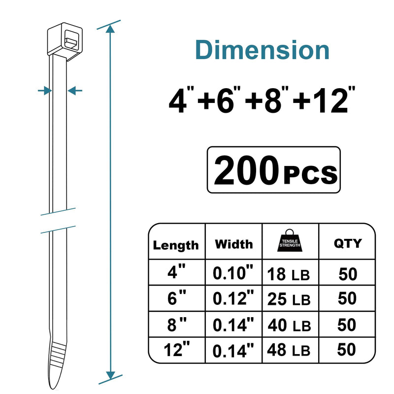 [Australia - AusPower] - Zip Ties Assorted Sizes 4+6+8+12 inch, 200 Pack, Black Cable Ties, UV Resistant Wire Ties for Indoor and Outdoor Use, LOCKLOCK 