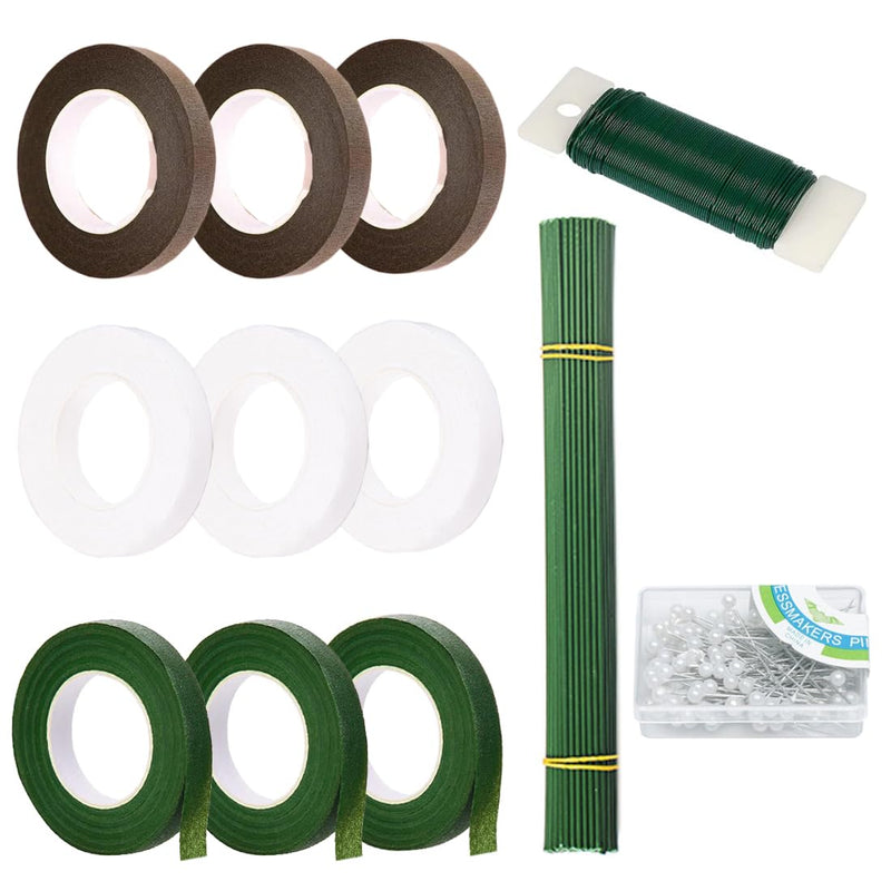 Juland 9 Rolls Floral Tape, 30 Yards Each in White/Dark Green/Kakhi, with Stem Wires, Pins & Thread for DIY Silk Flower Arranging