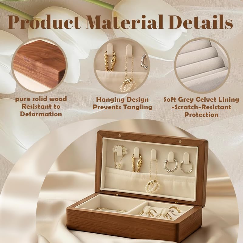 Real Wooden Jewelry Box With Flannelette Lining Travel Portable Multi-functional Suitable For Rings Bracelets Necklaces With Compartmented Storage And Elastic Pockets For Organization Small