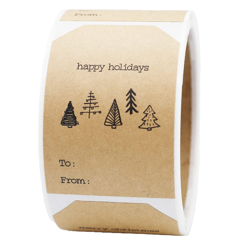 Boho Style Christmas Tree Gift Tag Stickers – 2 x 3 Inch Holiday Labels with Unique Tree Designs – 25 Adhesive Kraft Tags, Eco-Friendly, Made in USA