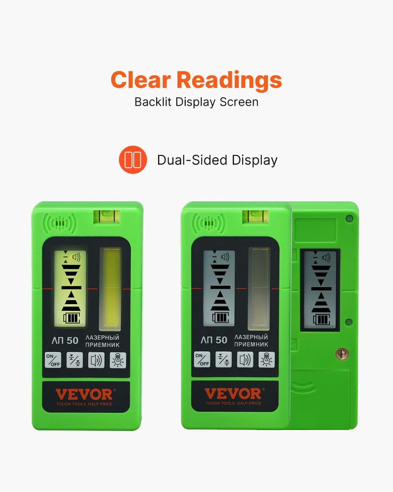 [Australia - AusPower] - VEVOR Laser Receiver, 197 ft Working Range, Green Laser and Red Beam Detector for Pulsing Line Lasers, Customizable Speaker & Dual LCD Display & Built-In Bubble Level with Clamp for Laser Level 