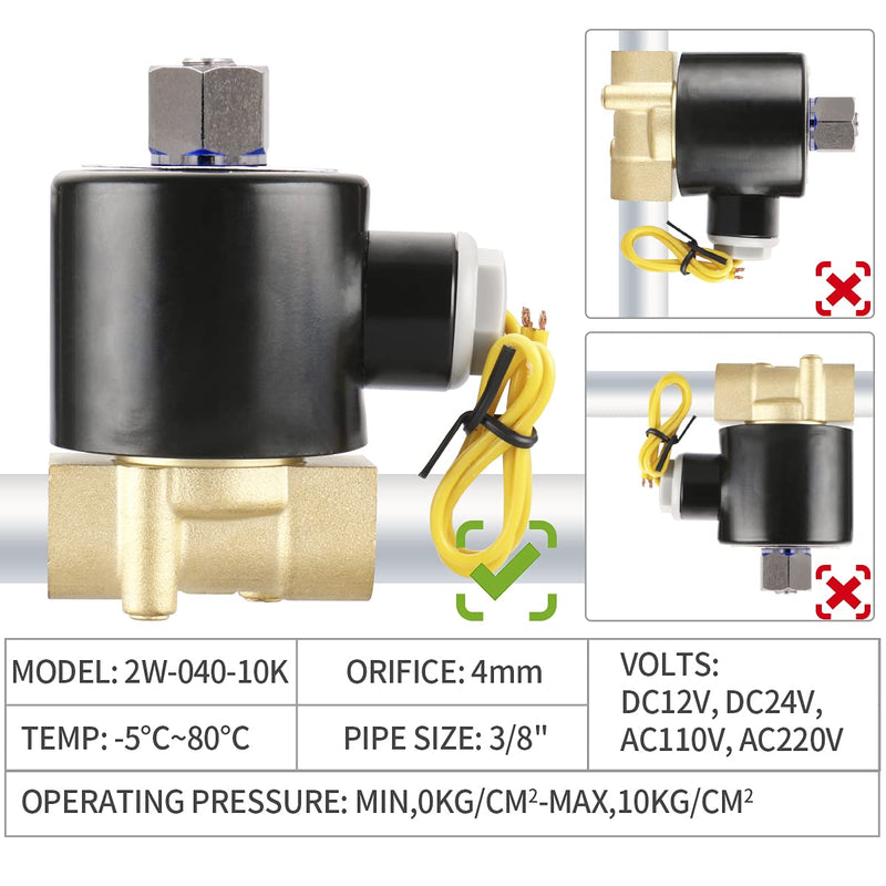 Baomain 3/8 inch Brass Electric Solenoid Valve, DC 12V Normally Open, Direct Acting Pneumatic Valves for Water Air 2w-040-10K 3/8 inch 12VDC
