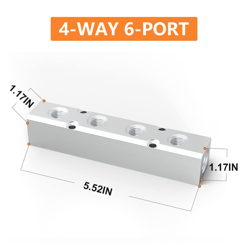 [Australia - AusPower] - GASHER 2PCS Aluminum 4 Way 6 Port Pneumatic Manifold Air Distribution Block Splitter 1/4" Output Port 1/2" Supply Port 4 Way-6 Port 2 