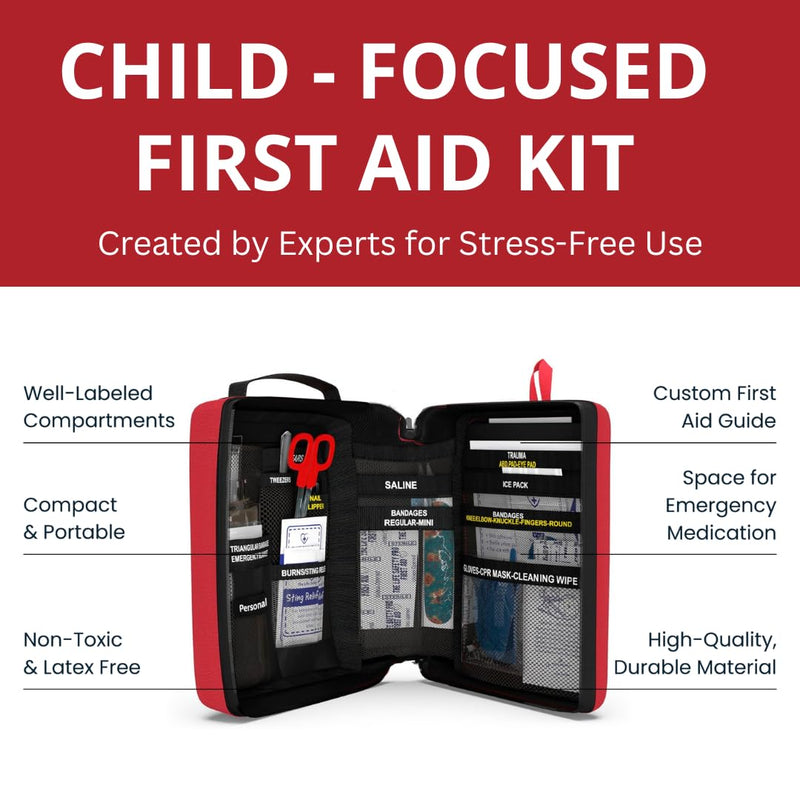 Portable First Aid Kit for Kids with CPR Shield - Ideal for Home, Car, School, Camping, and as a Travel First aid kit. Latex-Free Bandages – Children First Aid Guide by The Life Safety Pro Medium