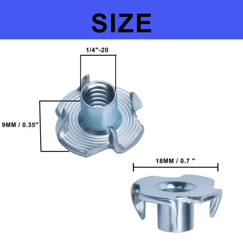 [Australia - AusPower] - 100pcs 1/4"-20 T-Nut, Zinc-Plated Steel Threaded Insert Corrosion Resistant,5/16" Barrel Length,4-Pronged Tee Nut for Wood,Rock Climbing Holds,Home,Cabinetry, Furniture,etc. 