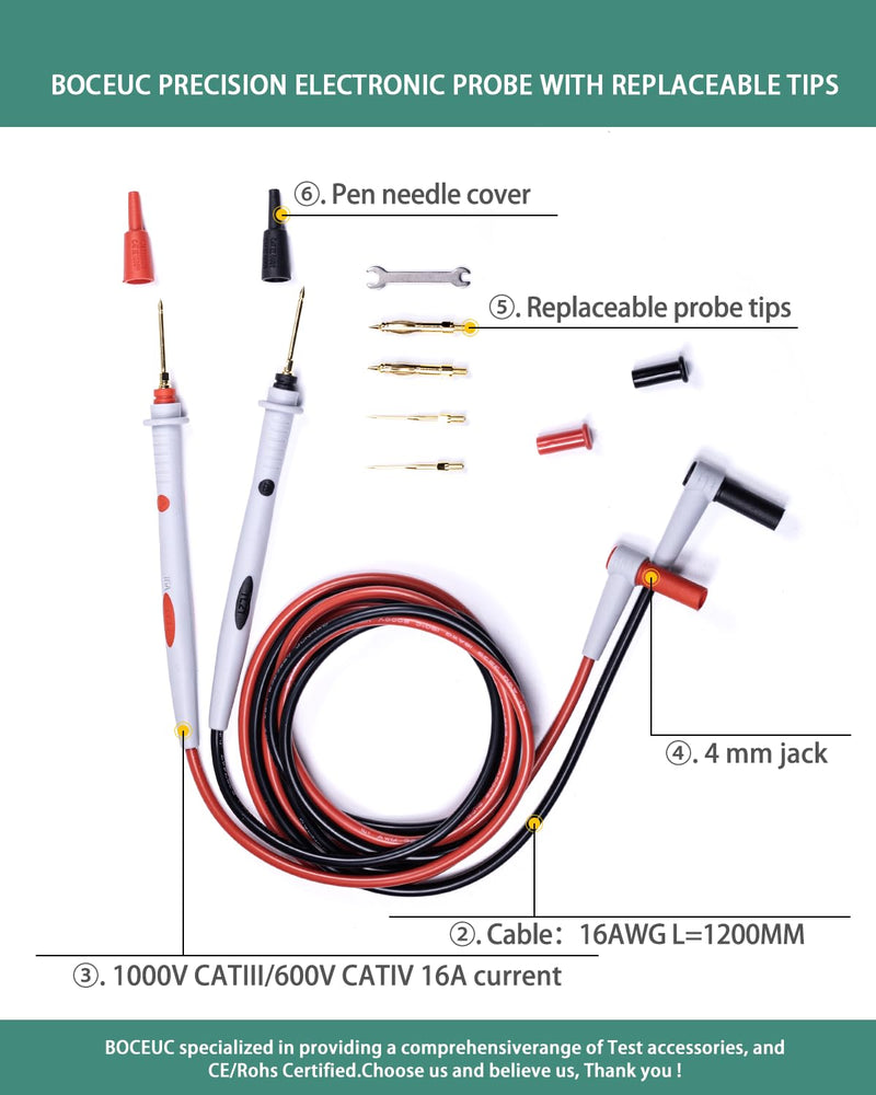 [Australia - AusPower] - Electrical Test Leads Soft Silicone Cable Multimeter Test Probe Set with Replaceable Gold-Plated Multimeter Probes 1000V CATIII & 600V CATIV 16A for Fluke/AstroAI/INNOVA Clamp Meter Test Leads Kit 372 