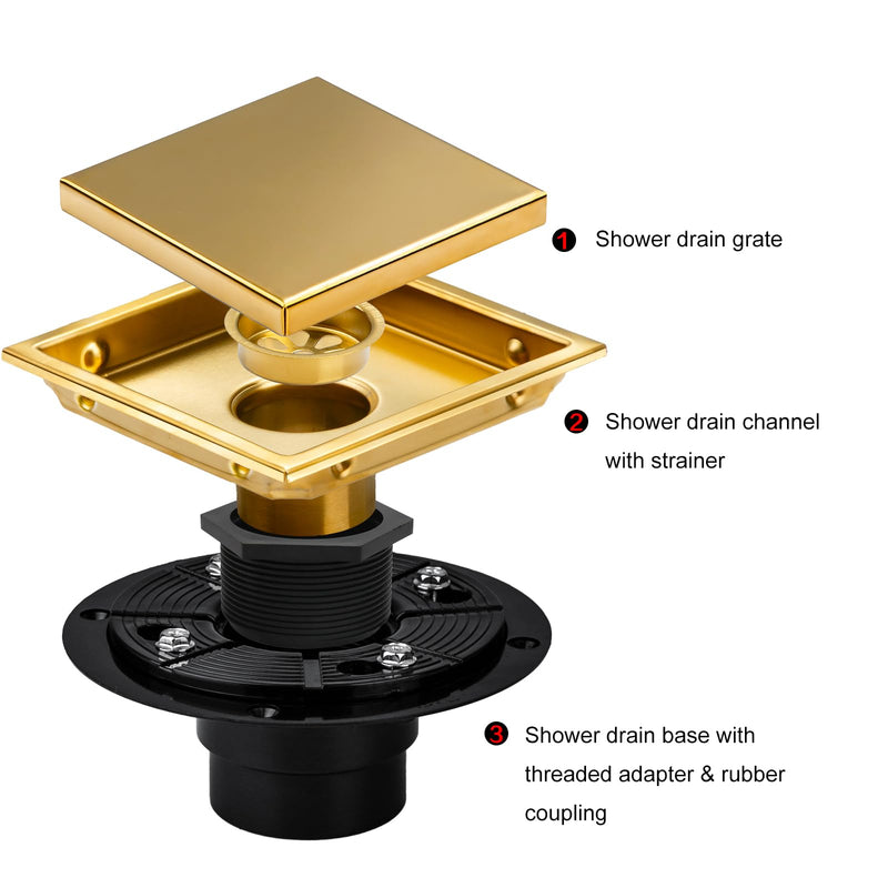 SaniteModar Shower Drain, 6 inch Shower Floor Square Drain with Flange, 2 in 1 Panel SUS 304 Stainless Steel Square Shower Drain, Brushed Gold…