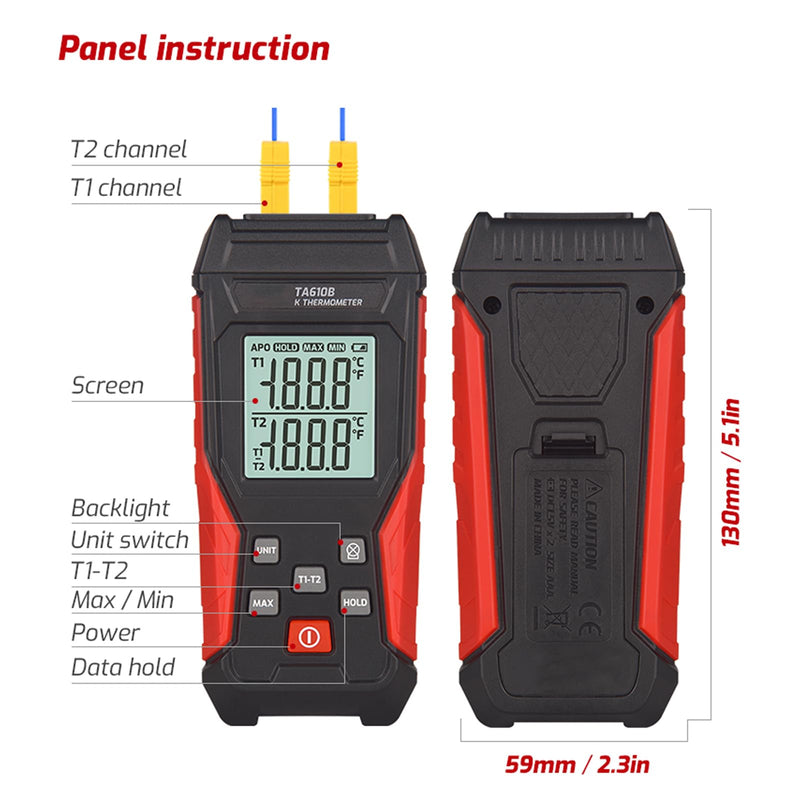 [Australia - AusPower] - Thermocouple Thermometer, Digital Dual Channels Thermocouple with 4 K-Type Thermocouple Probes LED Backlight Display -328~2501℉ Measuring Range K Type Temperature Tester Red 