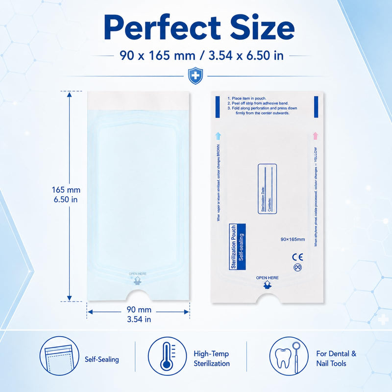 100 x Disposable Sterilisation Bags with SK Closure, Self-Adhesive, Steri Bags for Autoclaves (9 x 16.5 cm)