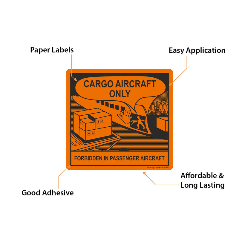 SmartSign 'Cargo Aircraft Only Forbidden in Passenger Aircraft' Shipping Warning Labels - 250/Roll, 4.5 x 4.75 inch, Semi-Gloss Paper Stickers with Adhesive Backing, Black/Orange, Made in USA