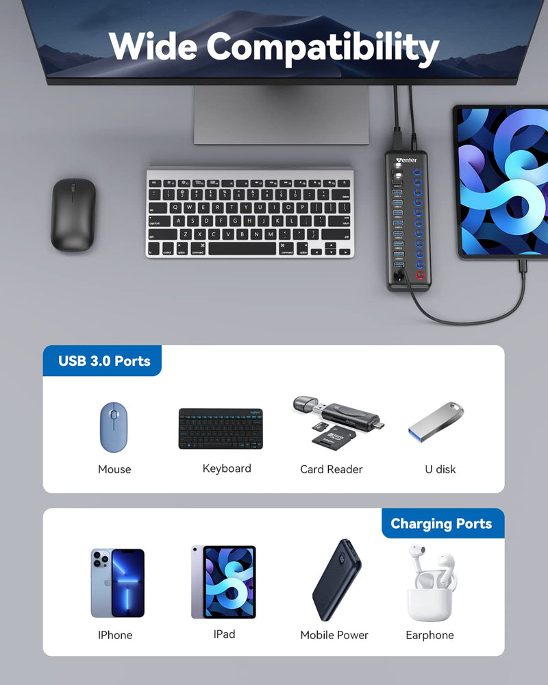 [Australia - AusPower] - Powered USB Hub, Wenter 11-Port USB Splitter Hub (10 Faster Data Transfer Ports+ 1 Smart Charging Port) with Individual LED On/Off Switches, USB Hub 3.0 Powered with Power Adapter for Mac, PC 10 USB 3.0 ports + 1 Charging port 